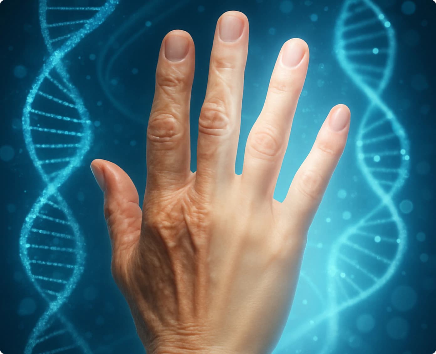 Aging hand against glowing DNA helix background