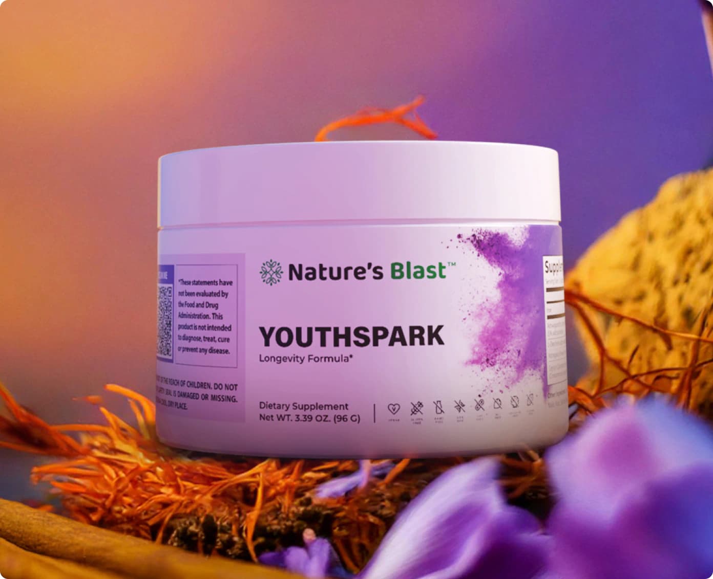 Nature's Blast one of the best longevity supplements YouthSpark jar with saffron and purple flower background