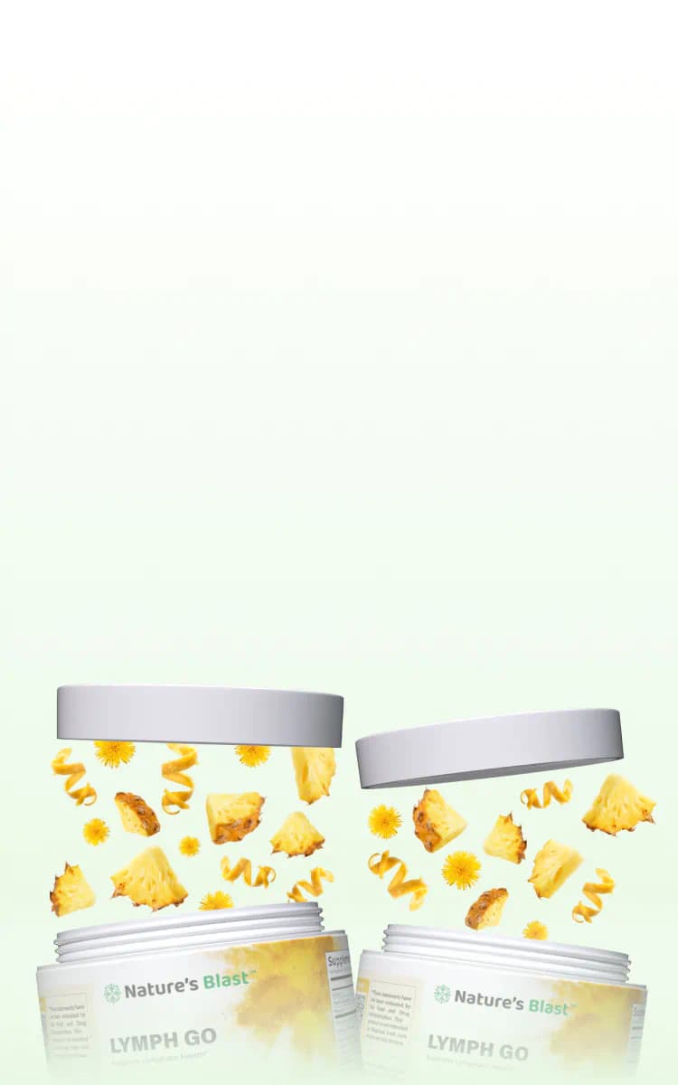 Open jars of lymphatic drainage supplements with pineapple, dandelion and