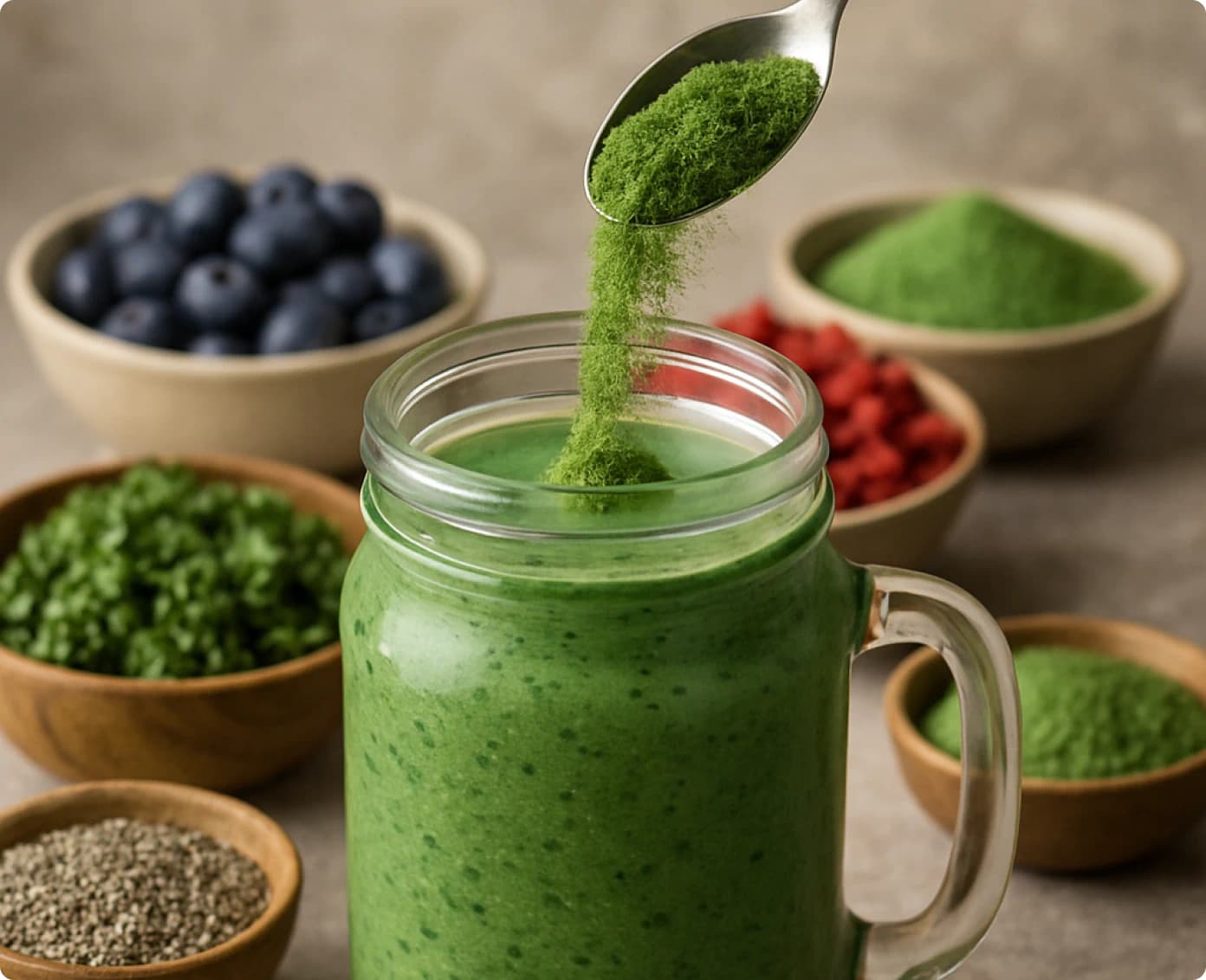 Green smoothie in glass mug with spoon adding powder and bowls of fresh ingredients