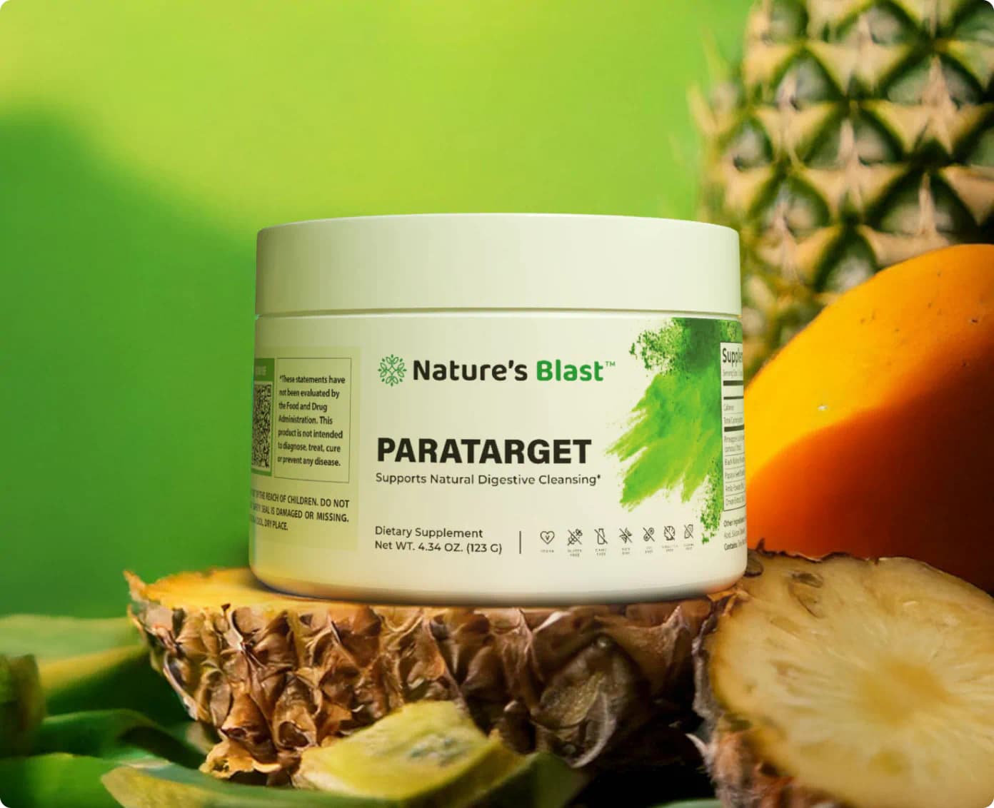 Nature's Blast parasite detox supplement Paratarget jar on a pineapple background with tropical fruits.