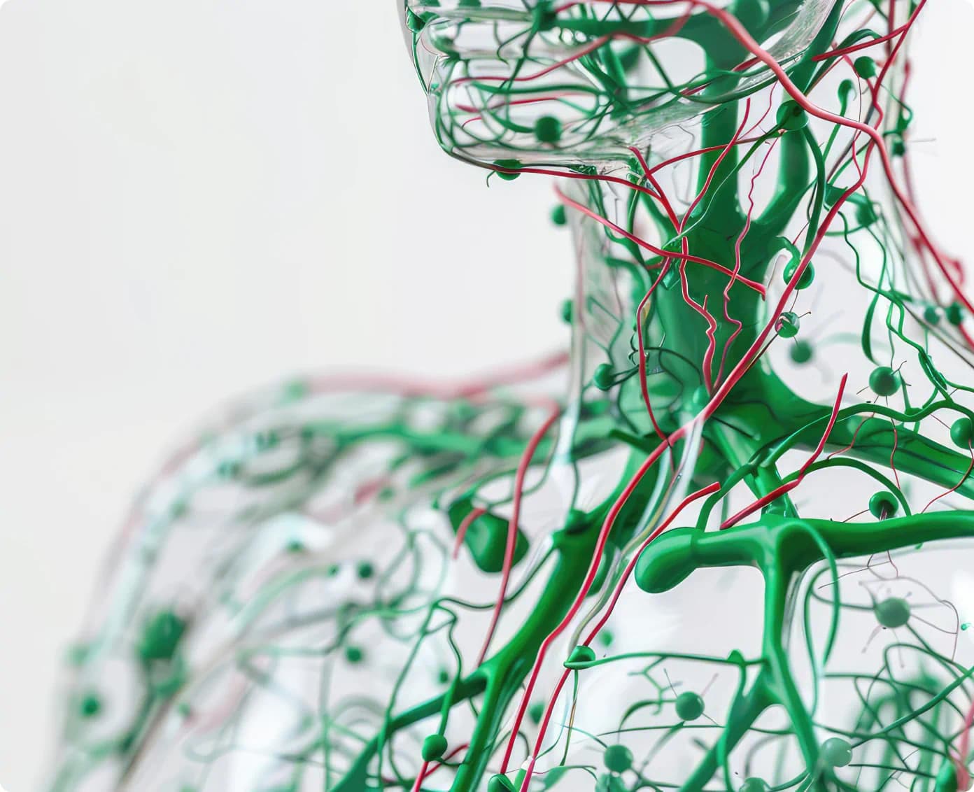 3D model of human lymphatic system showing green vessels and nodes.